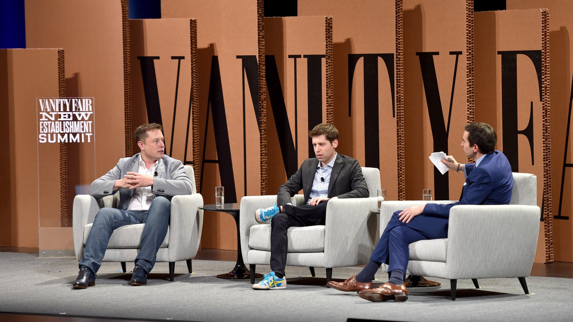 Elon Musk, Sam Altman, and Andrew Ross Sorkin at Vanity Fair New Establishment Summit, 2015
