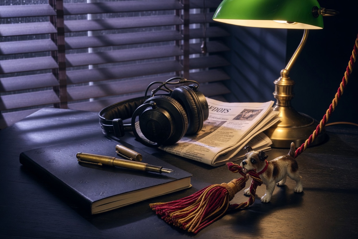 Still life: notebook, headphones, lamp, a small dog figurine tugging a curtain cord