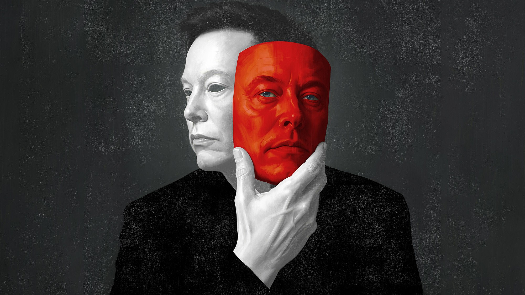 Robert Carter illustration of Musk holding a red mask